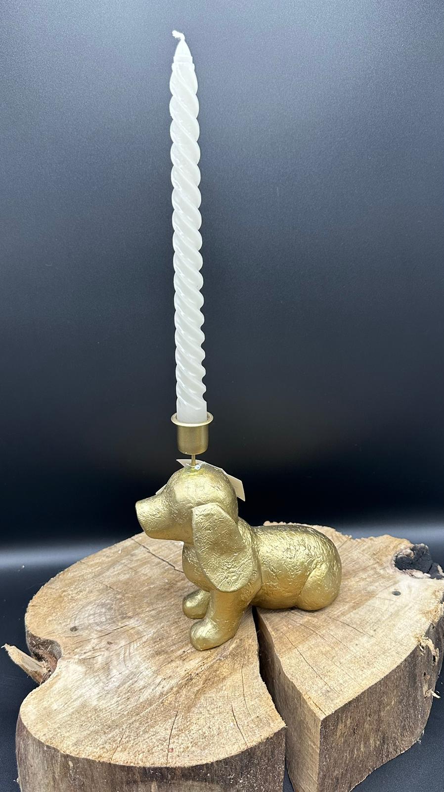 Gouden teckel kandelaar met kaars